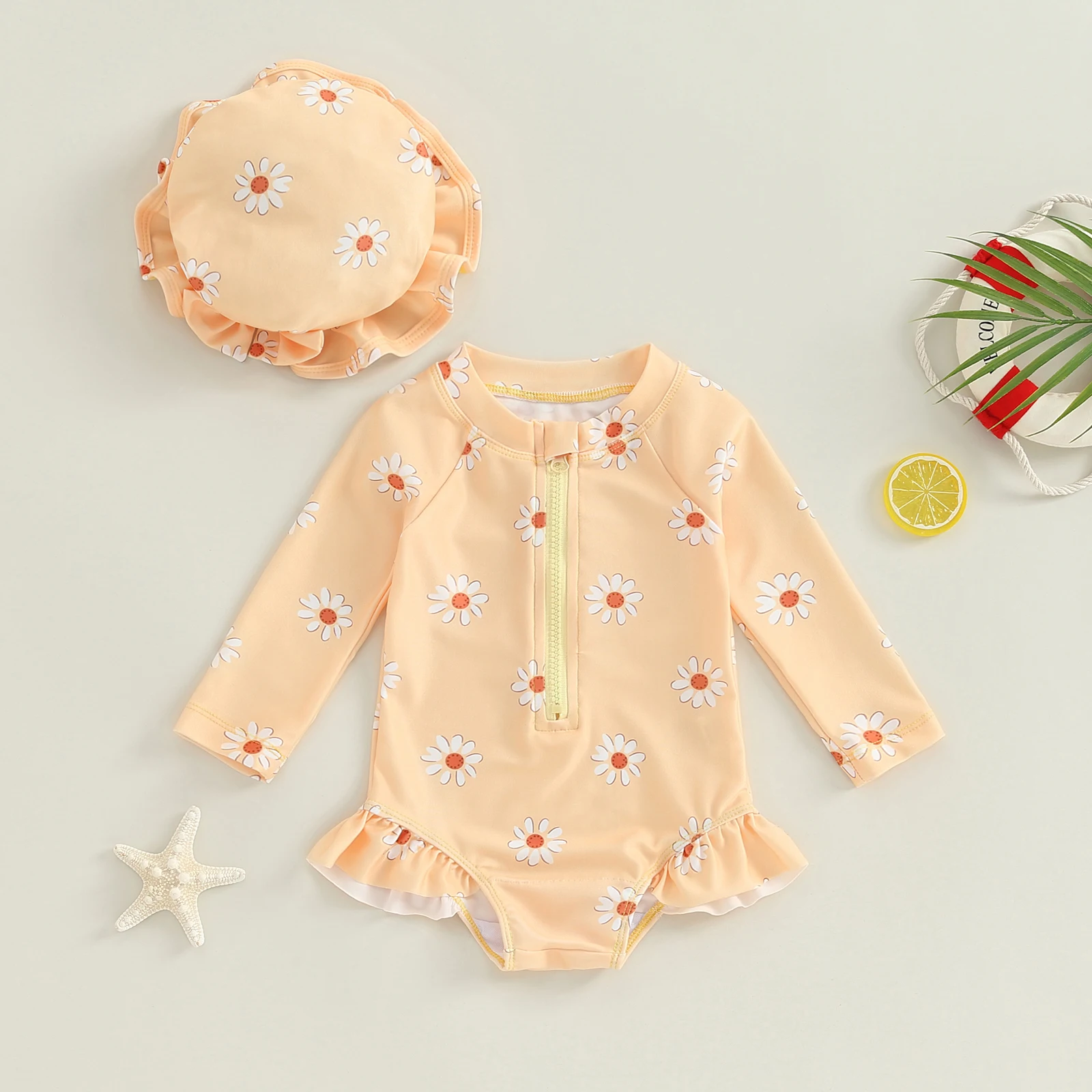 Summer Baby Girls Swimsuit Long Sleeve Flower Print Zipped Bikini with Hat Newborn Swimwear Bathing Suits - Image 2