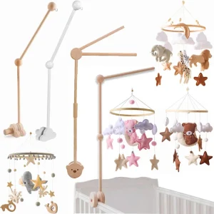 Baby Wooden Mobile Bed Bell Rattles Toys Soft Felt Pink Cartoon Bear Toddler Crib Hanging Musical Rattles Toys For Newborn Gifts
