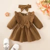 Baby girl Dress Ruffled Edges Bow Long sleeved Dress suitable for Newborns and Baby girls aged 0-18 Months in Spring and Autumn