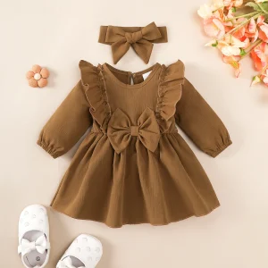 Baby girl Dress Ruffled Edges Bow Long sleeved Dress suitable for Newborns and Baby girls aged 0-18 Months in Spring and Autumn