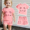 Baby girl cute cat pattern short sleeved top+casual shorts set suitable for outdoor sports