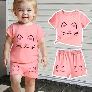 Baby girl cute cat pattern short sleeved top+casual shorts set suitable for outdoor sports