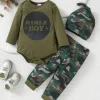 Baby's 3-Piece Set: Casual Letter-Print Triangle Bodysuit + Camouflage Long Pants + Hat for Spring and Autumn