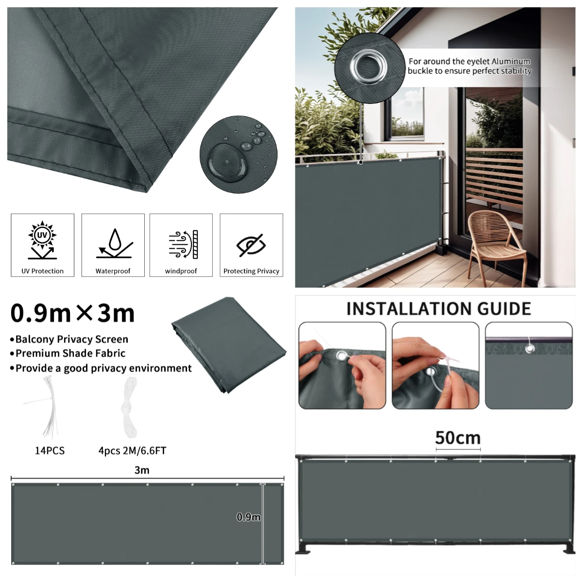 Balcony Privacy Screen Patio Fence Screen for Balcony Cover Waterproof Garden Sunshade Cloth with Grommets UV Protection Shelter - Image 3