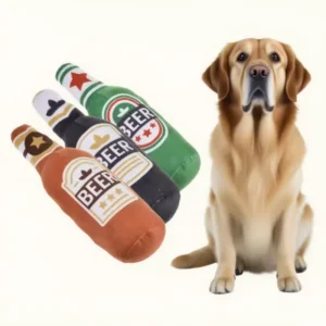 Beer Bottle Shaped Plush Dog Chew Toy Squeaky Interactive Bite-Resistant Pet Playing Supplies for Small to Large Dogs Teeth Clea
