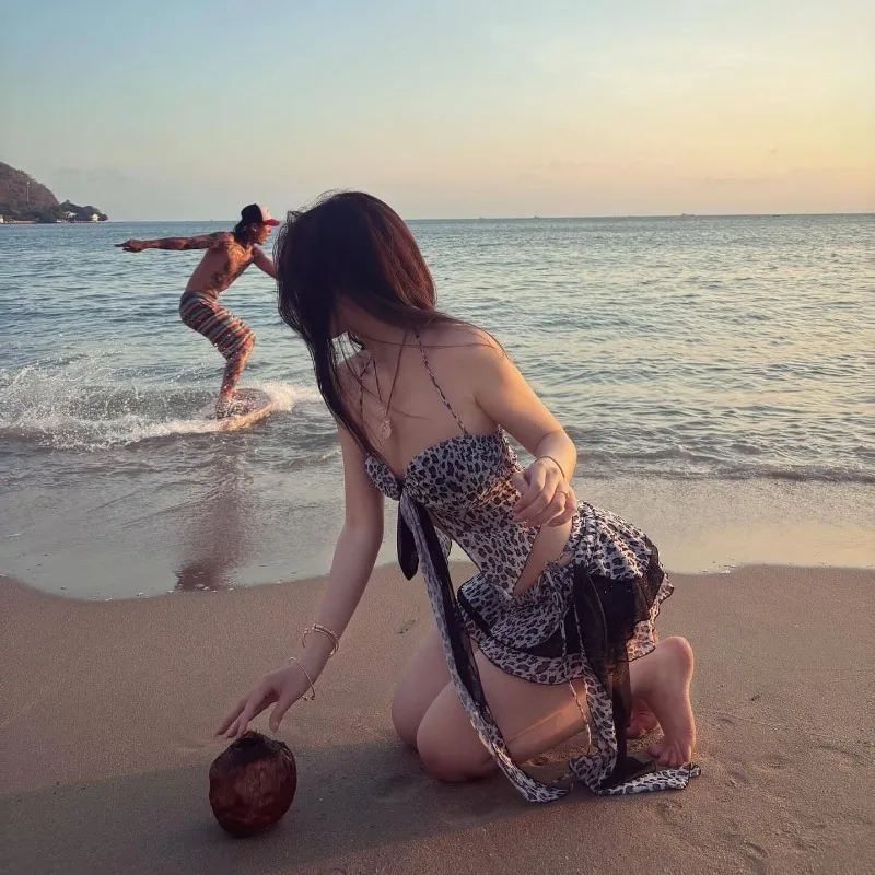 Bikini Leopard Print Sexy Skirt Style Split Bikini Swimsuit Women's Three Piece Set Beach Hot Spring Vacation Backless Girl - Image 3