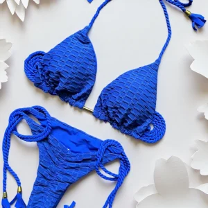 Blue sexy bikini split swimsuit 2-piece women's swimsuit summer beach fringe braided rope strap Bathing Suit