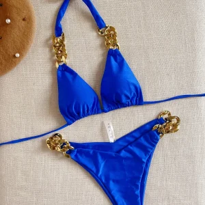 Blue sexy triangle bikini set with solid color swimsuit 2-piece set for summer beach split Swimwear Brazilian Bathing Suit