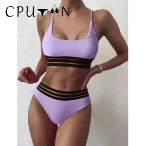 CPUTAN 2024 Push Up Bikini Set Two Piece High Waist Mesh Brazilian Biquini Swimwear Bathing Suit Solid Ladies Summer Beachwear