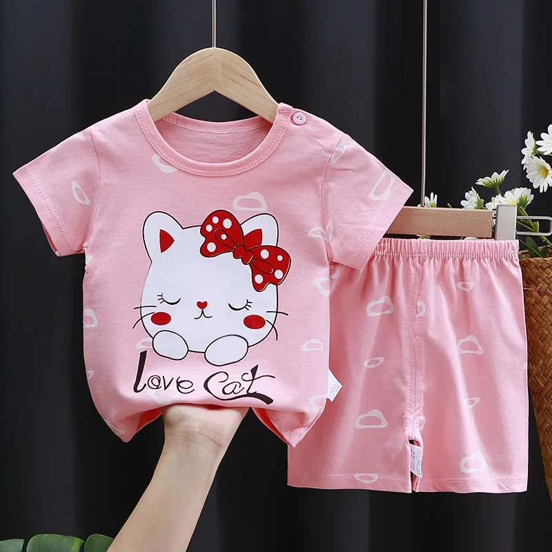 Cartoon Printed Clothing Pure Cotton Home Clothes 2 Piece Suits Toddler Fashion Cute Casual Tracksuits Contrast T-shirt+Shorts - Image 2