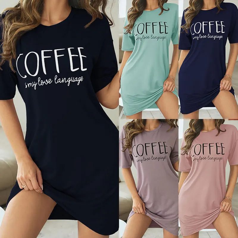 Casual Slogan Print Nightdress For Women Short Sleeve Sleepwear Dresses Loose Fit Tee Nightwear Home Clothes Nightie Loungewear - Image 4
