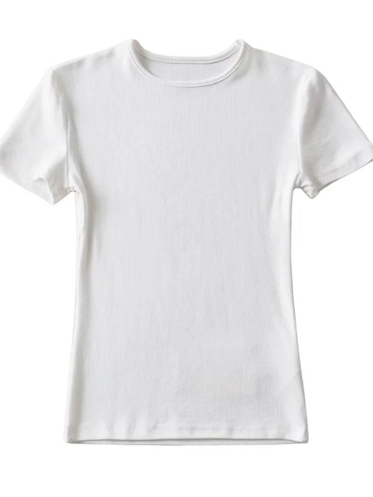 Casual Summer Woman Skinny Fit T-shirt Tight Short-Sleeve O-neck Tee Basic Solid Crop Tops T Shirt - Image 2