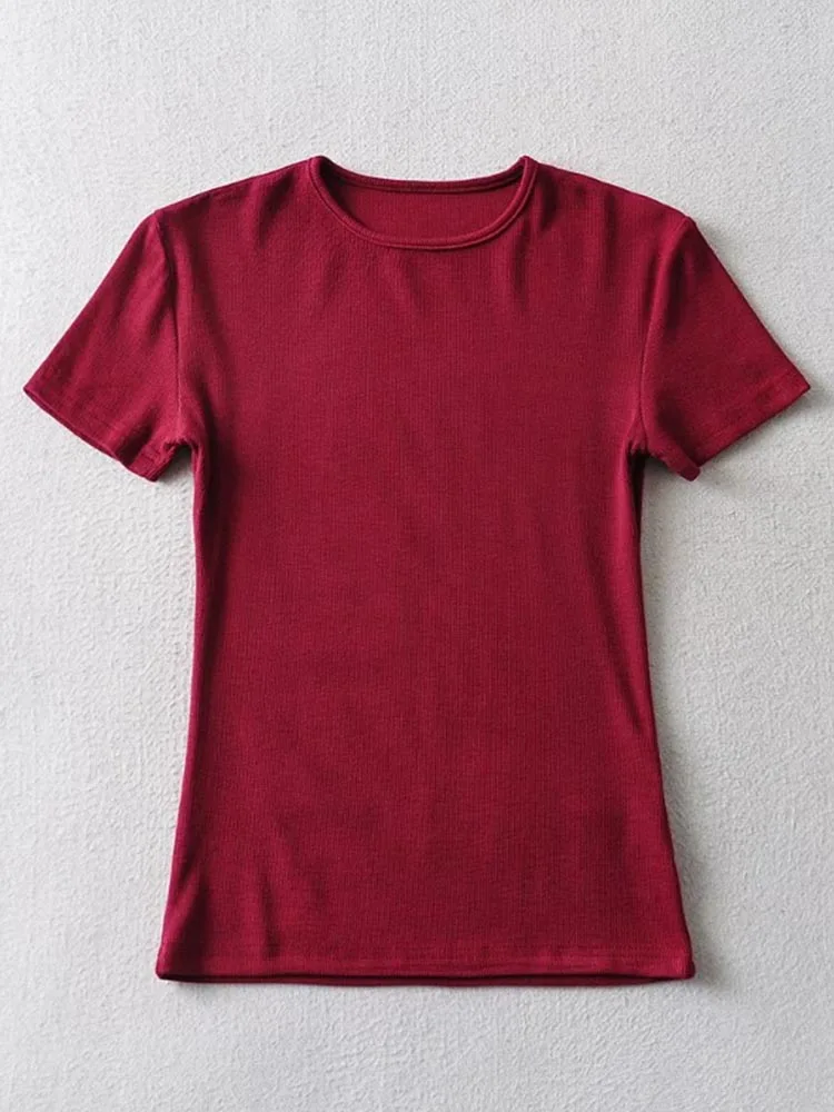 Casual Summer Woman Skinny Fit T-shirt Tight Short-Sleeve O-neck Tee Basic Solid Crop Tops T Shirt - Image 3