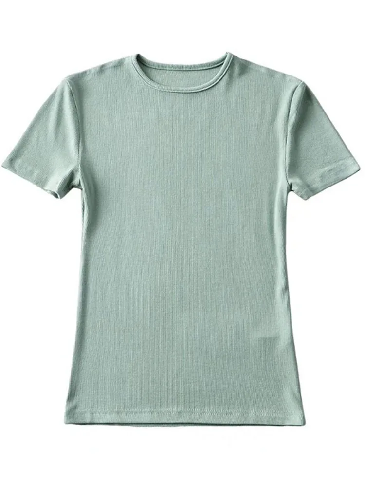 Casual Summer Woman Skinny Fit T-shirt Tight Short-Sleeve O-neck Tee Basic Solid Crop Tops T Shirt - Image 4