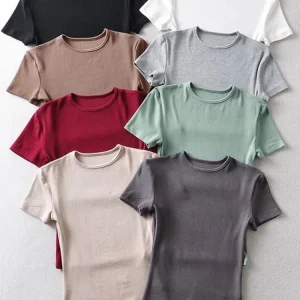 Casual Summer Woman Skinny Fit T-shirt Tight Short-Sleeve O-neck Tee Basic Solid Crop Tops T Shirt