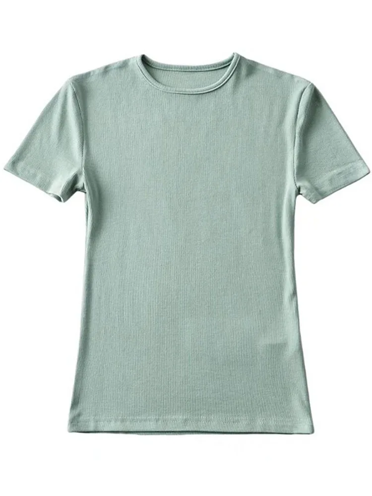 Casual Summer Woman Skinny Fit T-shirt Tight Short-Sleeve O-neck Tee Basic Solid Crop Tops T Shirt - Image 5