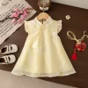 Chinese Style Cheongsam Toddler Dress Yellow Flower Embroiderey Fly Sleeve Yarn Dress Elegant Girl Party Dress