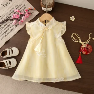 Chinese Style Cheongsam Toddler Dress Yellow Flower Embroiderey Fly Sleeve Yarn Dress Elegant Girl Party Dress