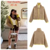 Contrast Knitted Cardigan Jackets Women Elegant Long Sleeve Pockets Zipper Sweater 2026 Spring New Street Lady Chic Outwears