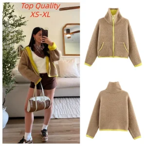 Contrast Knitted Cardigan Jackets Women Elegant Long Sleeve Pockets Zipper Sweater 2026 Spring New Street Lady Chic Outwears