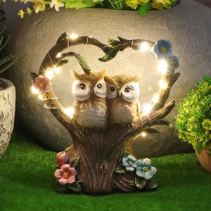 Creative Resin Owl Couple Sculpture with Solar Lights Landscape Decor for Courtyards, Patios, and Garden
