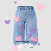 CuddClio Baby Girl's Loose Jeans Autumn Winter Pink Purple Heart Embroidery Cute Denim Full Elastic Waist Comfortable
