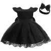 Cute Flower Girls Bow V Back Embroidery Tulle Dress With Headband For Toddler Baby Pageant Wedding Party Birthday Baptism Gown