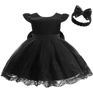 Cute Flower Girls Bow V Back Embroidery Tulle Dress With Headband For Toddler Baby Pageant Wedding Party Birthday Baptism Gown