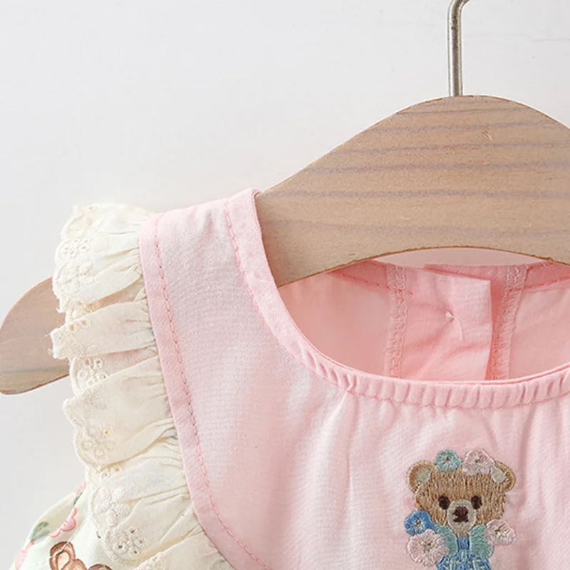 Cute Toddler Girl Dress Lace Design Bear Embroidered Cartoon Print Sleeveless Cotton Dress for Girl Birthday Party Costume - Image 3