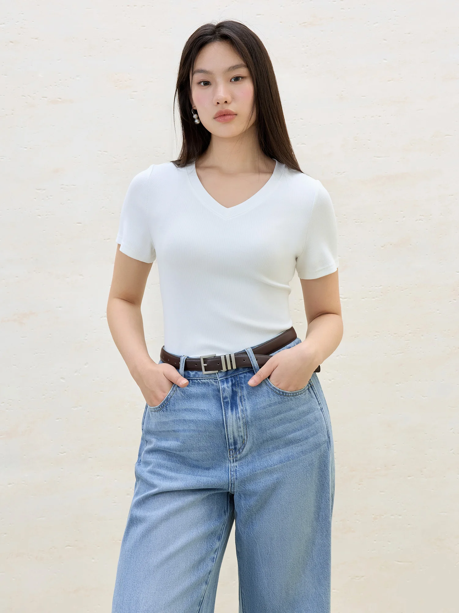 DUSHU Women High-Stretch Structured Shoulder V/U Neck Tee 2025 Summer Casual T-Shirt Elastic Cotton Y2K Fashion New Arrival - Image 2