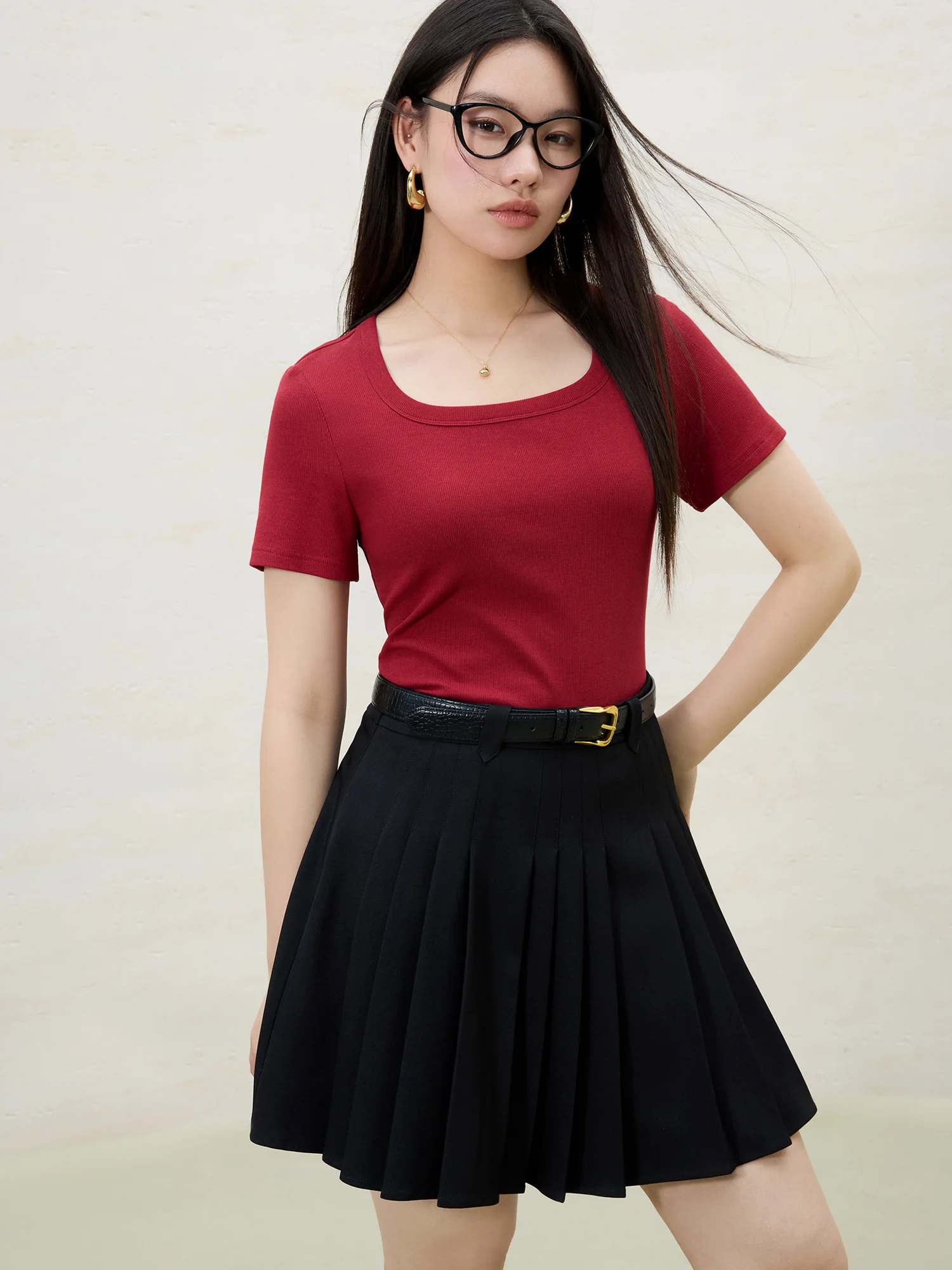 DUSHU Women High-Stretch Structured Shoulder V/U Neck Tee 2025 Summer Casual T-Shirt Elastic Cotton Y2K Fashion New Arrival - Image 4