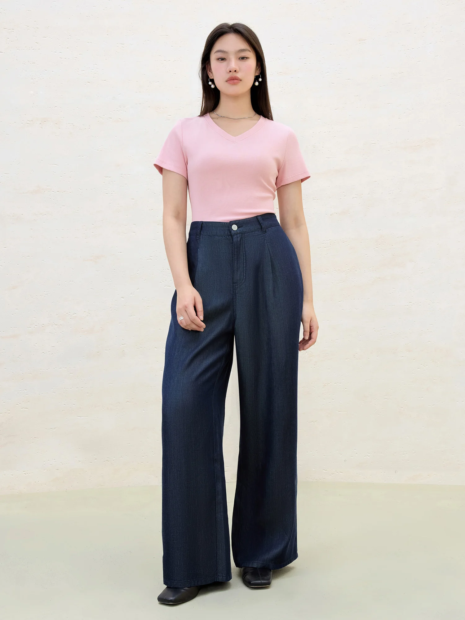 DUSHU Women High-Stretch Structured Shoulder V/U Neck Tee 2025 Summer Casual T-Shirt Elastic Cotton Y2K Fashion New Arrival - Image 3