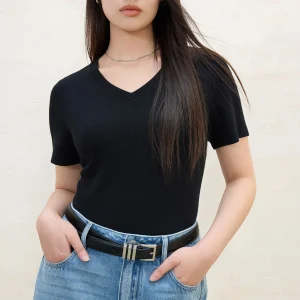 DUSHU Women High-Stretch Structured Shoulder V/U Neck Tee 2025 Summer Casual T-Shirt Elastic Cotton Y2K Fashion New Arrival