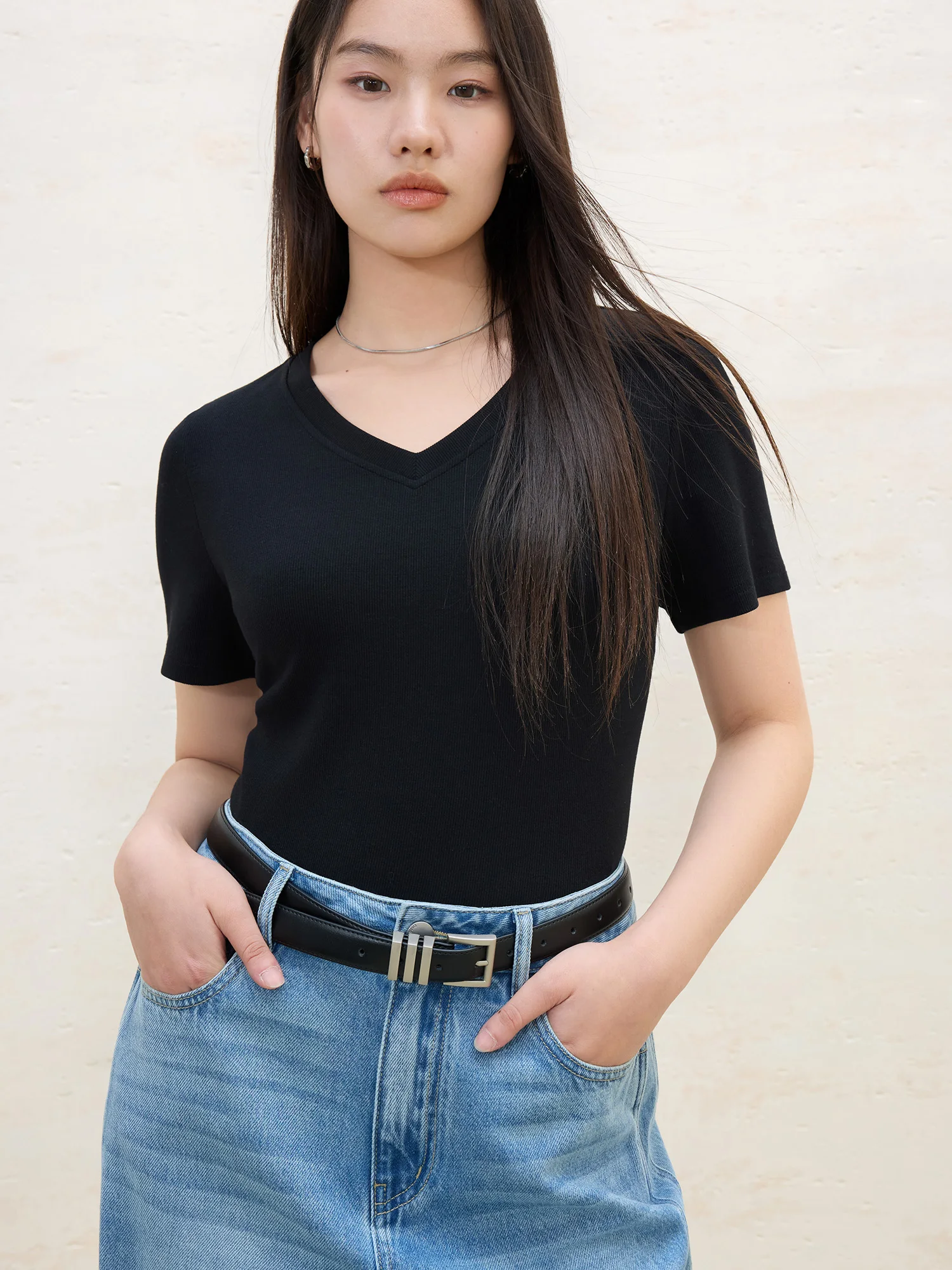DUSHU Women High-Stretch Structured Shoulder V/U Neck Tee 2025 Summer Casual T-Shirt Elastic Cotton Y2K Fashion New Arrival