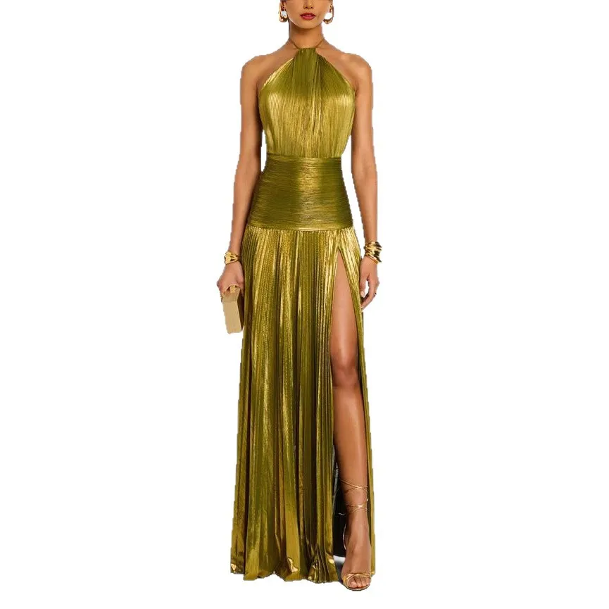 Daring Backless Party Dress 2026, Metallic Gold Halter Neck Gown with Side Slit, Women's Statement Evening Dress - Image 3