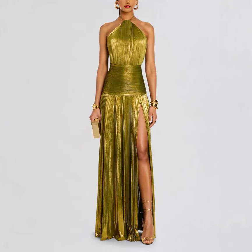 Daring Backless Party Dress 2026, Metallic Gold Halter Neck Gown with Side Slit, Women's Statement Evening Dress - Image 4