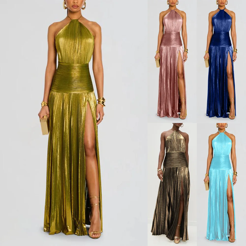 Daring Backless Party Dress 2026, Metallic Gold Halter Neck Gown with Side Slit, Women's Statement Evening Dress