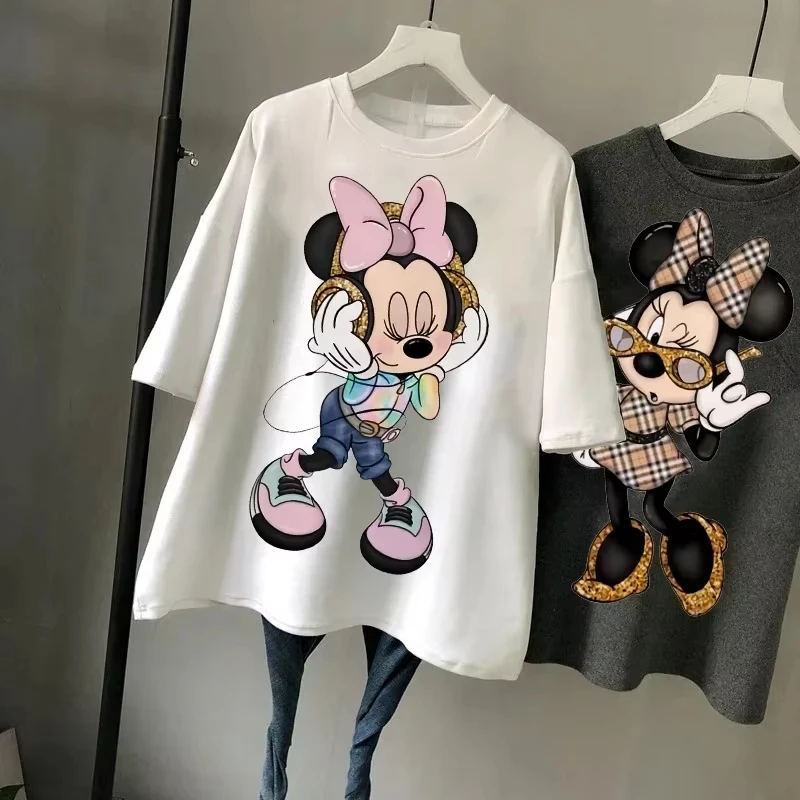 Disney New Minnie Kawaii Fun Women's Printed T-shirt Fashion Summer Cartoon Minnie Top Y2K Women's Extra Large Cotton T-shirt - Image 2