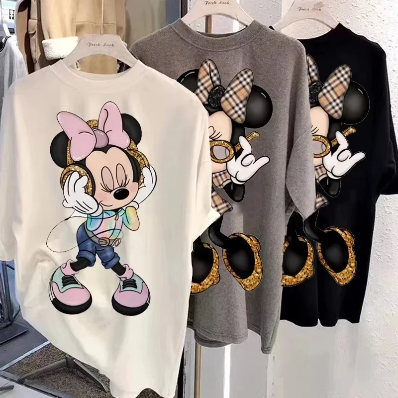 Disney New Minnie Kawaii Fun Women's Printed T-shirt Fashion Summer Cartoon Minnie Top Y2K Women's Extra Large Cotton T-shirt