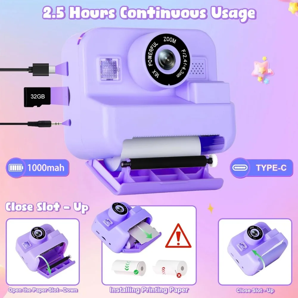 Educational Thermal Instant Print Camera With 32G Card, 1080P Children Mini Digital Video Camera for Kids Learning Development - Image 2