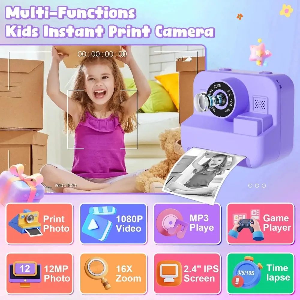 Educational Thermal Instant Print Camera With 32G Card, 1080P Children Mini Digital Video Camera for Kids Learning Development - Image 4