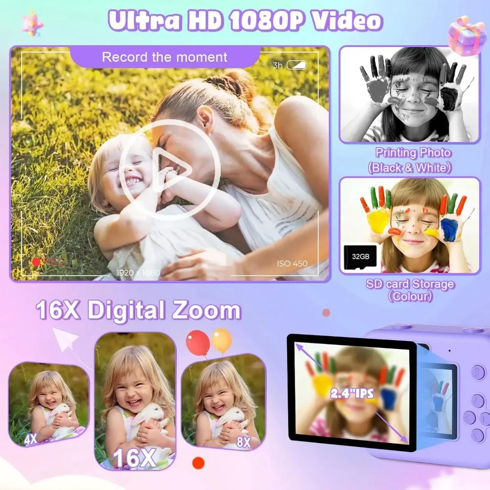 Educational Thermal Instant Print Camera With 32G Card, 1080P Children Mini Digital Video Camera for Kids Learning Development - Image 5
