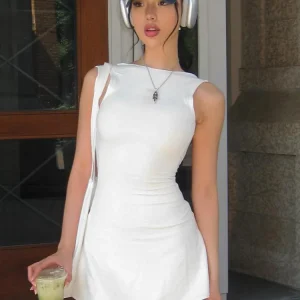 Elegant Sleeveless Backless Slim Fit Mini Dress Women Chic Round Collar A-line Short Dress 2025 Ruffle Edge Casual Dresses