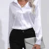 Elegant Turn-Down Collar One Button Satin Long Sleeve Shirt For Women Office Blouse