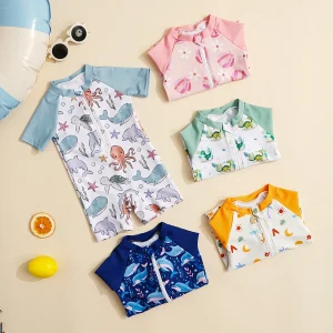 Elinfant Baby One-Piece Swimsuit, Fashion Printed Short Sleeve Swimwear, Zipper Closure, Washable & Reusable Baby Clothes