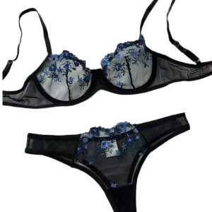 Erotic Embroidery Blue floral fragments Lace Babydoll Sensual Lingerie Bra Set For Women Underwear Intimate Sexi Panty Set 2024