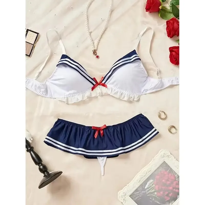 Erotic Sexy Student Uniform Bra And Panty Set Underwear Transparent Bra Exotic Sets Sexy Thong Woman Porn Lingerie Women Costume