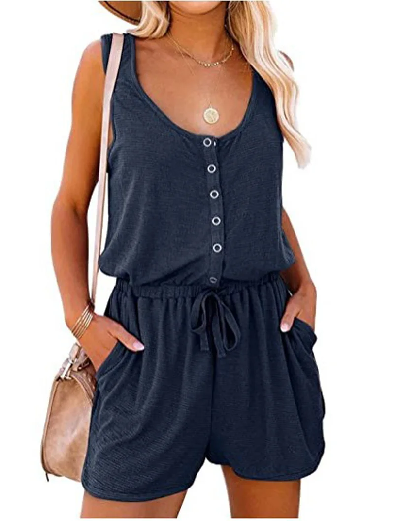 European and American Women's Summer Cross-Border New Sleeveless Jumpsuit With Waist Tied Casual Loose Wide leg Shorts - Image 2