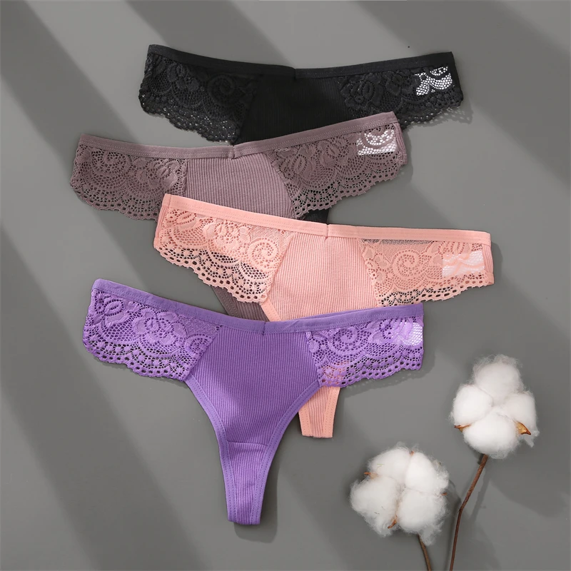 FINETOO 3Pcs Women's Cotton Underwear Lace Thongs Sexy Solid Color Low Waist Bikini Panties Ladies Breathable G-string Lingerie - Image 4