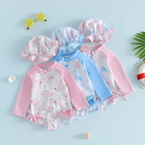 FOCUSNORM 0-3Y Lovely Toddler Baby Girls Swimsuit Set Seashell Flower Long Sleeve Rash Guard Bathing Suit with Sun Cap